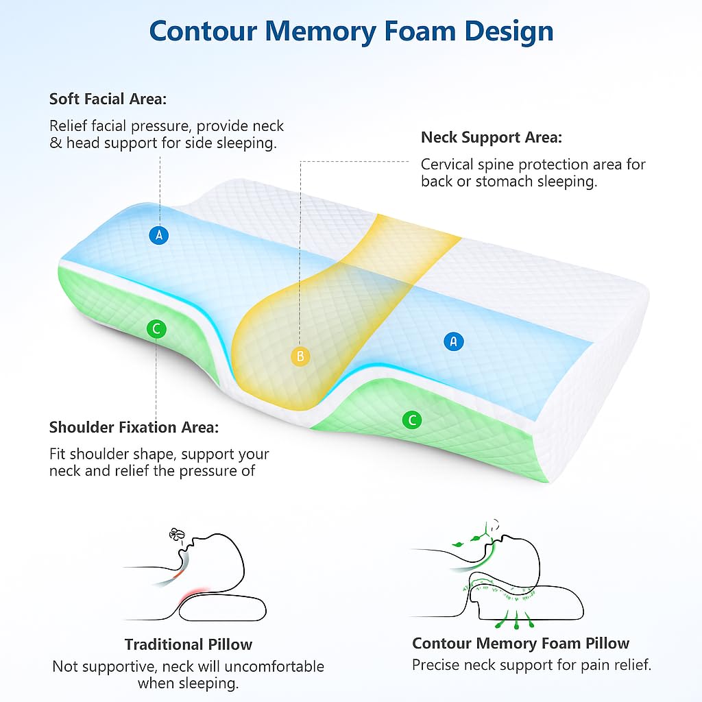 Ergonomic Contour Memory Foam Cervical Pillow – Orthopedic Neck & Shoulder Support for Side and Back Sleepers