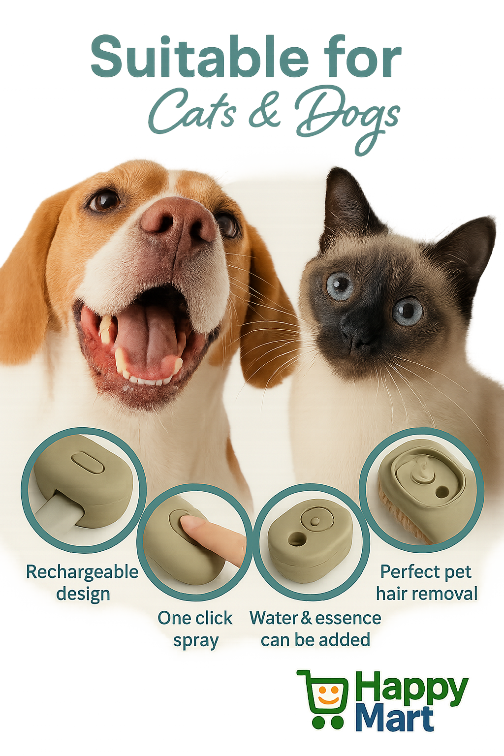 HappyMart 3-in-1 Pet Steam Brush – Deep-Cleaning, Shedding Reduction & Gentle Massage Groomer for Dogs & Cats