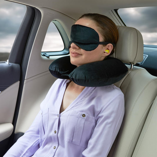 Memory Foam Travel Neck Pillow with Eye Mask & Ear Plugs – Ultra-Soft Velvet, Ergonomic Comfort for Airplane, Car, Train & Bus Travel – Black, Standard Size