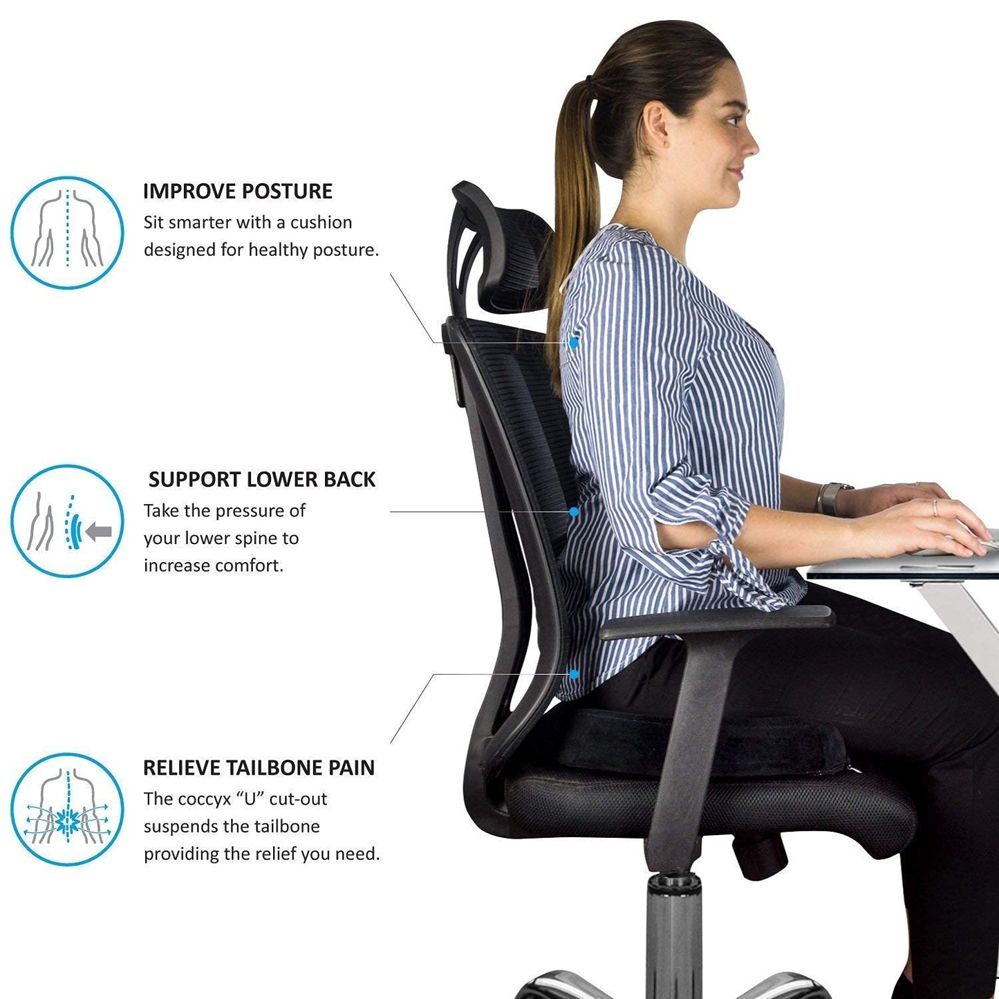 Orthopedic Foam Coccyx Seat Cushion – Tailbone, Sciatica & Lower Back Pain Relief, Ventilated Design with Removable Washable Cover for Office & Home Chairs
