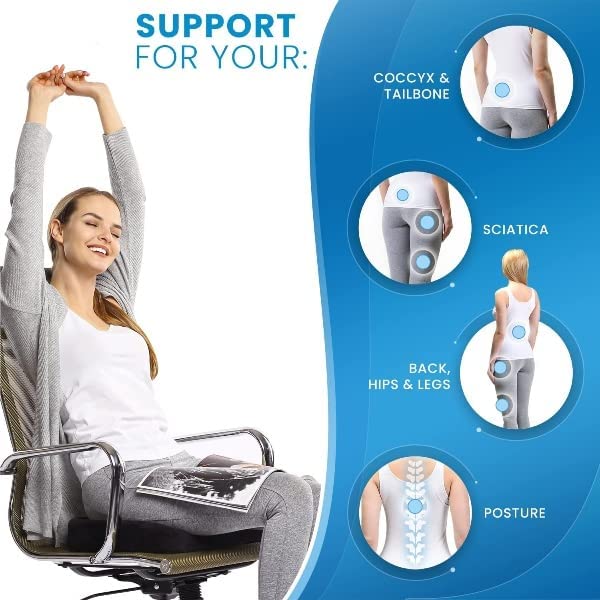 Orthopedic Foam Coccyx Seat Cushion – Tailbone, Sciatica & Lower Back Pain Relief, Ventilated Design with Removable Washable Cover for Office & Home Chairs