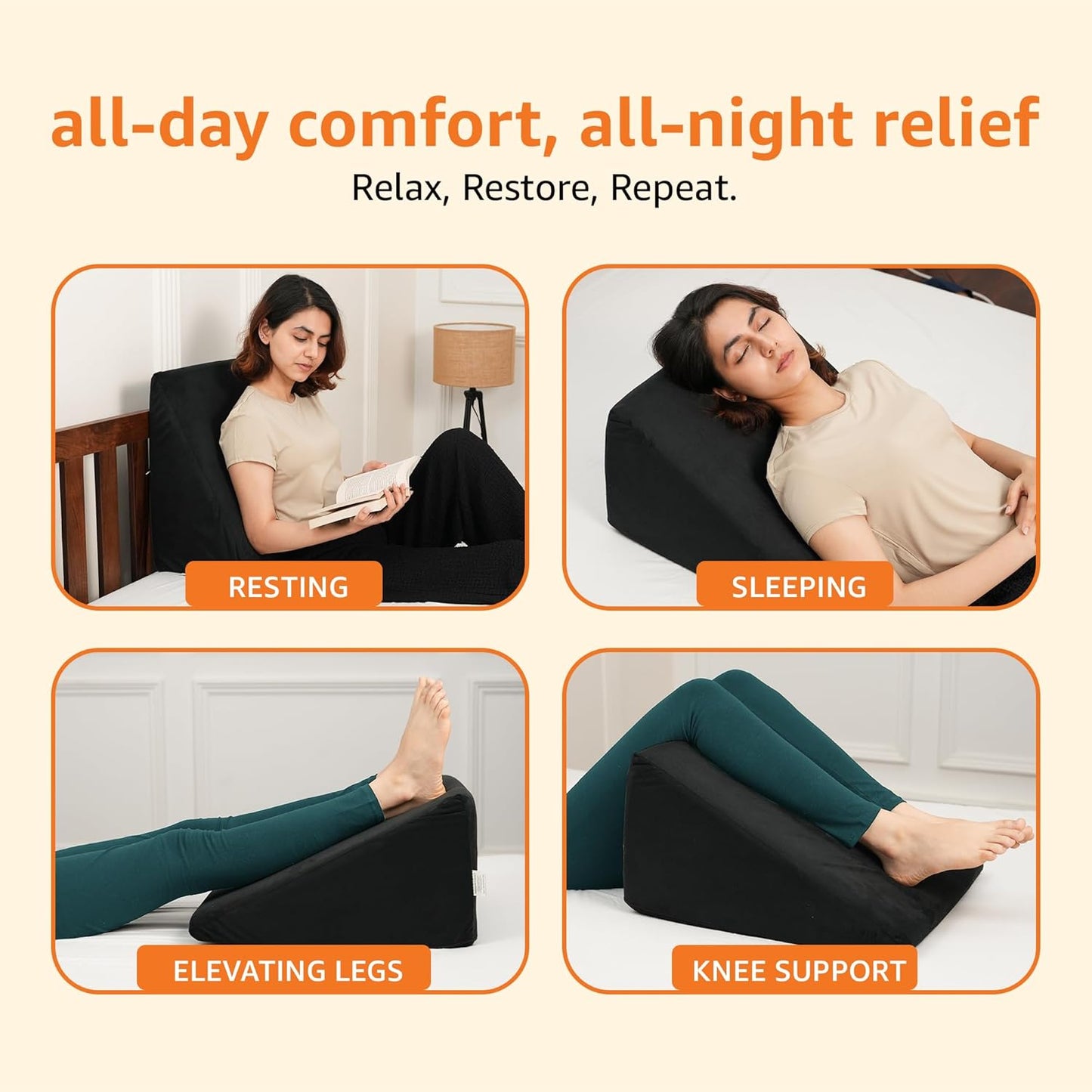 Orthopedic Memory Foam Wedge Pillow – Neck & Back Support for Cervical Pain, Acid Reflux, Snoring, GERD, Leg Elevation & Pregnancy – Ultra-Soft Washable Velvet Cover, 25x44x45 cm (Black)
