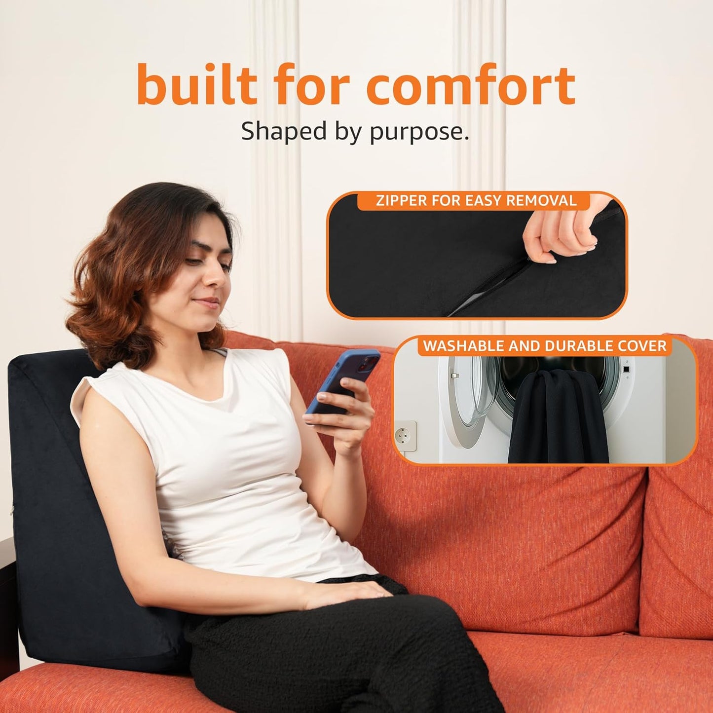 Orthopedic Memory Foam Wedge Pillow – Neck & Back Support for Cervical Pain, Acid Reflux, Snoring, GERD, Leg Elevation & Pregnancy – Ultra-Soft Washable Velvet Cover, 25x44x45 cm (Black)