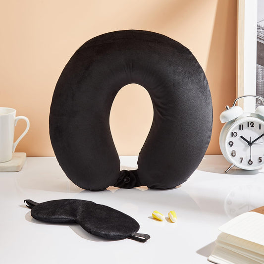 Memory Foam Travel Neck Pillow with Eye Mask & Ear Plugs – Ultra-Soft Velvet, Ergonomic Comfort for Airplane, Car, Train & Bus Travel – Black, Standard Size